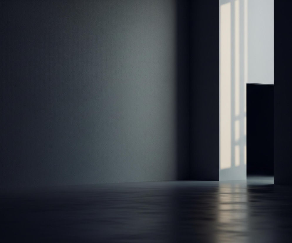 Wnętrze pustego pokoju o ciemnoszarych, teksturowanych ścianach, z podłogą odbijającą światło. Po prawej stronie widać otwarte drzwi lub przejście, przez które wpada jasne, białe światło słoneczne, tworząc na podłodze wyraźne refleksy i podłużne cienie pionowych elementów, przypominające ramy okienne. Reszta pomieszczenia pozostaje w głębokim cieniu, z wyjątkiem delikatnego rozjaśnienia ściany bliżej światła.