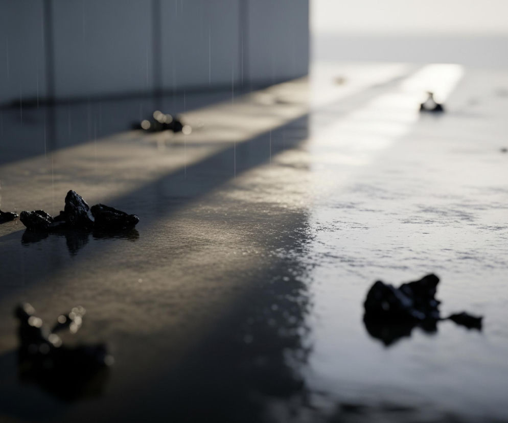 Na pierwszym planie widoczne są nieregularne, ciemne bryły rozrzucone na wilgotnej powierzchni. Powierzchnia ta, wyglądająca na beton lub asfalt, jest częściowo oświetlona silnym, ciepłym światłem padającym ukośnie od prawej strony, tworząc długie cienie rzucane przez niewidoczny obiekt po lewej oraz od brył. Fragmenty powierzchni odbijają światło, tworząc refleksy. W powietrzu unoszą się cienkie, pionowe linie, imitujące krople deszczu.