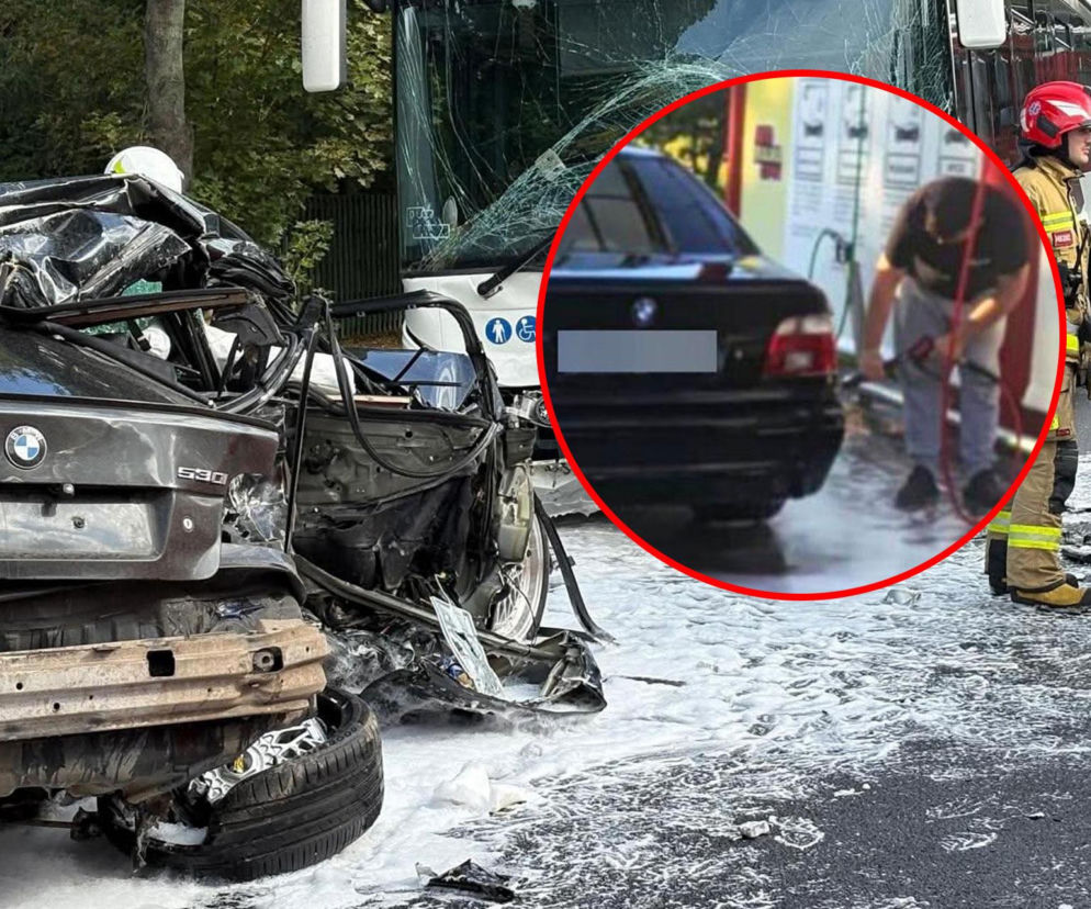 Rozbite czarne BMW i strażacy. Na miniaturze 19-letni Mateusz myjący to auto. O wypadku przeczytasz na SE.
