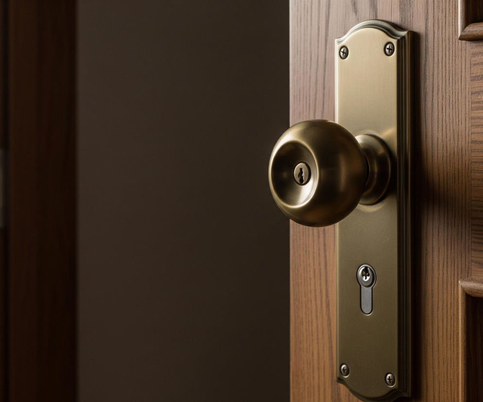 Na pierwszym planie, z prawej strony, otwarte drewniane drzwi z wyraźnym usłojeniem w odcieniach brązu. Na drzwiach zamontowana jest mosiężna gałka i okrągła wkładka zamka, otoczona prostokątną płytką mocowaną czterema śrubami z płaskim łbem krzyżakowym. W tle, po lewej stronie, widoczna jest ciemna przestrzeń wnętrza, a za nią, z lewej krawędzi kadru, jasna, prawdopodobnie oświetlona ściana z fragmentem ciemnej ościeżnicy.