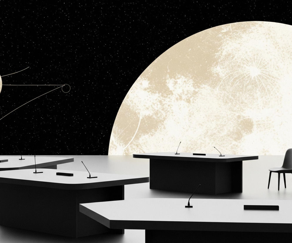 Półksiężyc o beżowej barwie z wyraźną fakturą przypominającą kratery dominuje prawą stronę kadru, wznosząc się ponad horyzont. Pod nim, na białym, płaskim podłożu rozmieszczono czarne stoły konferencyjne o minimalistycznym designie, niektóre z mikrofonami i czarnymi podłużnymi panelami. W tle znajduje się czarne niebo, usiane niezliczonymi, drobnymi, białymi gwiazdami, a w lewej górnej części widoczny jest mniejszy beżowy okrąg z promieniami i dwoma mniejszymi okręgami połączonymi liniami. Po prawej stronie, obok jednego ze stołów, stoi pojedyncze, czarne krzesło.
