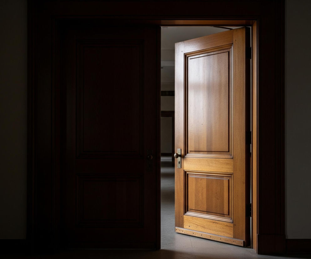 Otworzone, jasnobrązowe drzwi z dwoma panelami, ozdobionymi dekoracyjnymi listwami, widoczne są po prawej stronie. Po ich lewej stronie znajduje się drugie, ciemniejsze, zamknięte skrzydło drzwi, częściowo zacienione, z widoczną klamką. Ościeżnica jest ciemnobrązowa, a fragment pomieszczenia za otwartymi drzwiami jest jasny, podczas gdy obszar przed drzwiami i po ich lewej stronie pozostaje w cieniu.