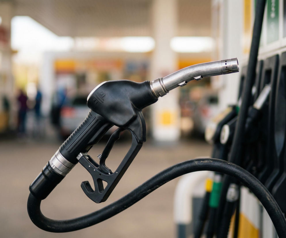 Czarny pistolet do tankowania paliwa na stacji benzynowej, z widocznymi dystrybutorami w tle. Obniżki cen hurtowych paliw przez Aramco i Orlen dają nadzieję na tańsze tankowanie, o czym można przeczytać w Super Biznes.
