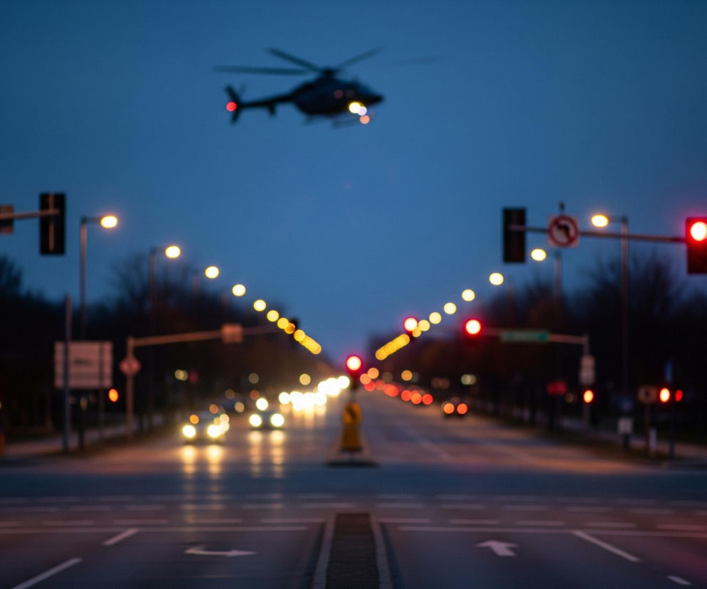 Nad nocnym miejskim krajobrazem, dominującym elementem jest rozmyty, ciemny helikopter lecący w górę, oświetlony pomarańczowym światłem od spodu i czerwonym na ogonie. Poniżej, w centrum kadru, znajduje się ulica oświetlona szeregiem żółtych lamp ulicznych, tworzących linię zbiegającą się w oddali, oraz czerwonymi światłami sygnalizatorów drogowych na skrzyżowaniu. Po obu stronach ulicy widoczne są kontury drzew i innych obiektów miejskich, również rozmazane, a na dalszym planie jasne światła samochodów.