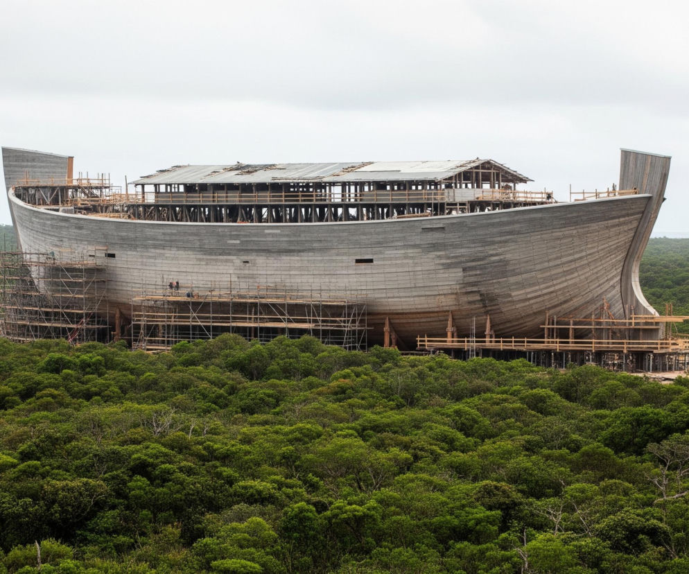W centrum obrazu znajduje się ogromna drewniana konstrukcja przypominająca kadłub statku, otoczona gęstym, zielonym lasem. Kadłub jest w większości szarobrązowy, wykonany z ułożonych poziomo desek, z wyraźnie widocznymi elementami rusztowań metalowych i drewnianych wokół burt, co sugeruje, że obiekt jest w trakcie budowy. Górna część konstrukcji ma odsłonięty szkielet dachu i ściany boczne wykonane z drewnianych belek, a także fragmenty jasnych plandek lub pokryć. Niebo nad całością jest jasnoszare i zachmurzone.