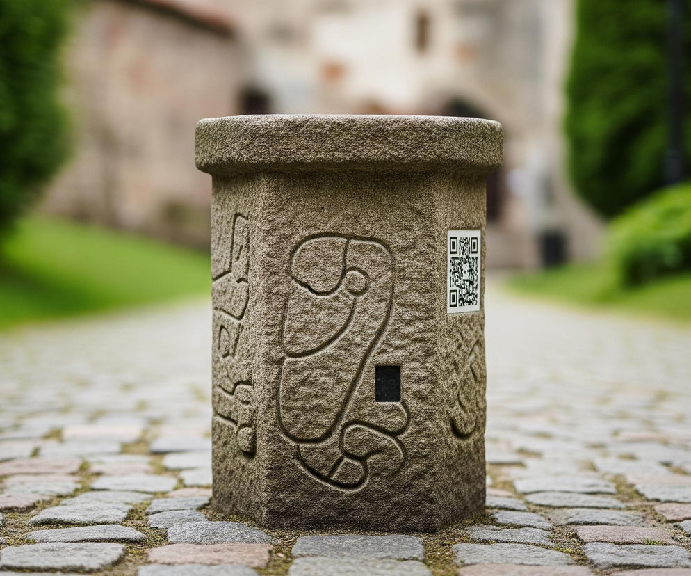 Centralnie stoi cylindryczny słupek wykonany z szorstkiego, brązowo-szarego kamienia. Na jego powierzchni widoczne są stylizowane, rzeźbione wzory przypominające litery lub symbole, oraz dwa kwadratowe elementy: jeden to czarno-biały kod QR, a drugi to mniejszy, ciemny otwór. Słupek umieszczony jest na brukowanej ścieżce wykonanej z nieregularnych, szarych i brązowych kamieni, z widoczną trawą między nimi. Tło jest rozmyte, ukazując zieleń trawy i krzewów po obu stronach ścieżki, a dalej niewyraźne, jasnobrązowe budynki z ciemnymi otworami, sugerujące architekturę zamkową.