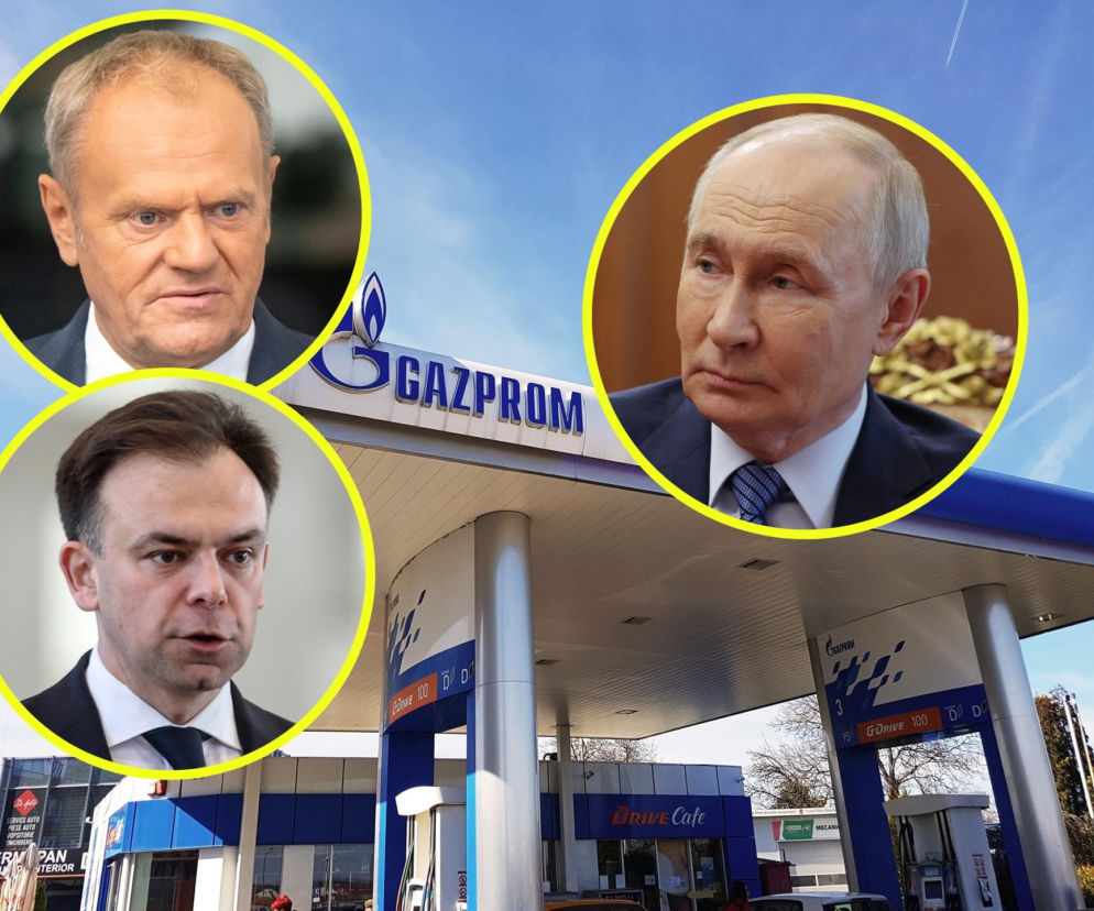Stacja paliw Gazprom. Na miniaturach Donald Tusk, Andrzej Domański i Władimir Putin. O sporze przeczytasz na SE Superbiz.