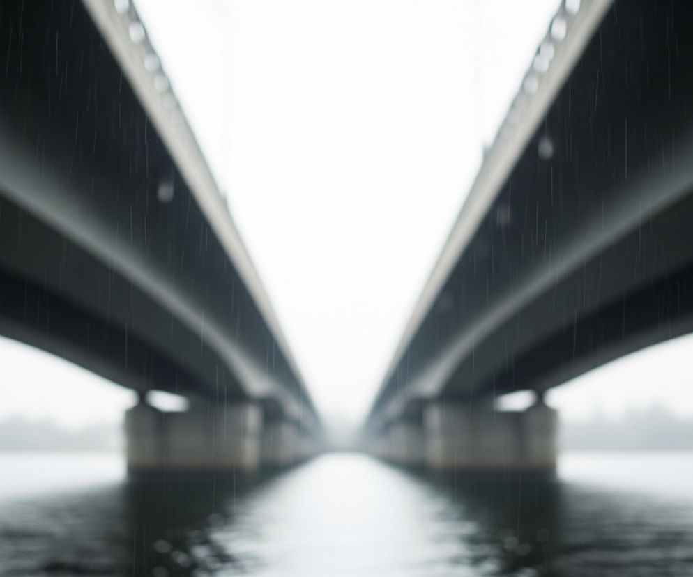 Most widziany od dołu, z perspektywy wodnej, podczas opadów deszczu. Dwa masywne, ciemnoszare przęsła mostu rozciągają się od dolnych rogów kadru, zbiegając się ku górze i centrum, tworząc perspektywiczny tunel, który prowadzi wzrok w dal. Pomiędzy przęsłami widać jasne, niemal białe niebo, rozświetlające przestrzeń. Poniżej mostu rozciąga się ciemna tafla wody, na której odbijają się zarysy konstrukcji, a w tle majaczy rozmyta linia brzegowa z drzewami. Liczne, cienkie, pionowe linie widoczne na ciemnych przęsłach mostu i w świetlistym tle to krople deszczu, które nadają scenie dynamiczny i melancholijny charakter.