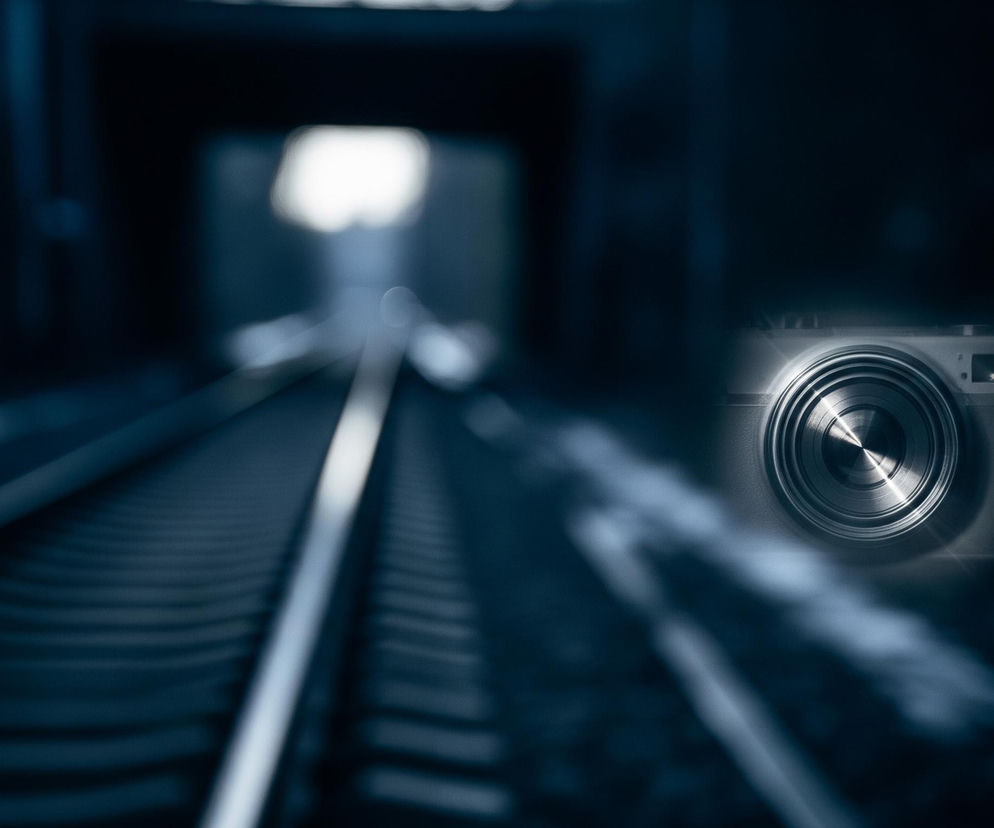Po prawej stronie, w centrum, unosi się stylizowany obraz aparatu fotograficznego w odcieniach szarości i bieli, z wyraźnym, metalicznym obiektywem. Tło obrazu to rozmyty, ciemny tunel kolejowy, w którym widoczne są tory. Jasne światło przebija się z daleka w otworze tunelu, a subtelne niebieskie i szare odcienie dominują w całej kompozycji.