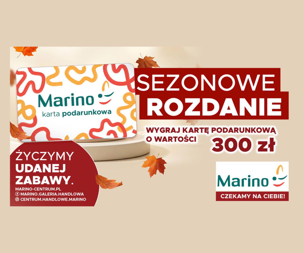 Karta podarunkowa Marino na tle jesiennych liści. O szczegółach konkursu w Eska Wrocław przeczytasz w artykule.