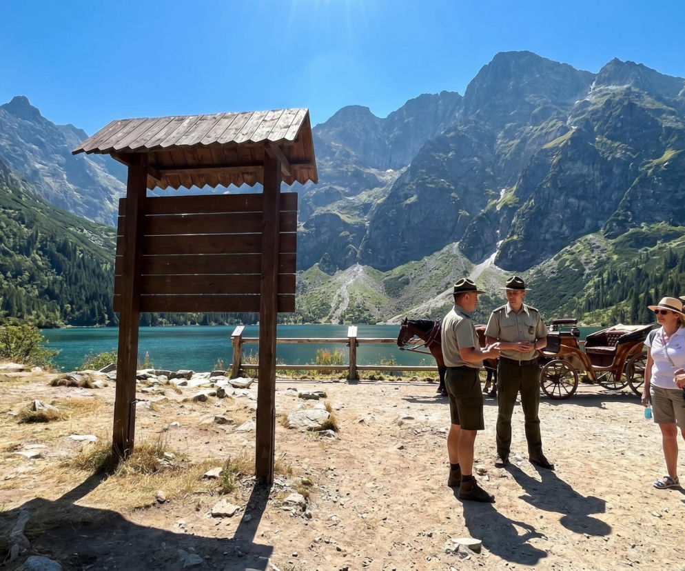 Panorama Morskiego Oka z drewnianym drogowskazem, dwoma pracownikami Parku Narodowego oraz grupą turystów obserwującą powozy konne. Otoczenie górzyste, lasy iglaste i krystalicznie czyste jezioro, symbolizujące kwestie związane z transportem konnym w upały, o czym przeczytasz na naszym portalu.