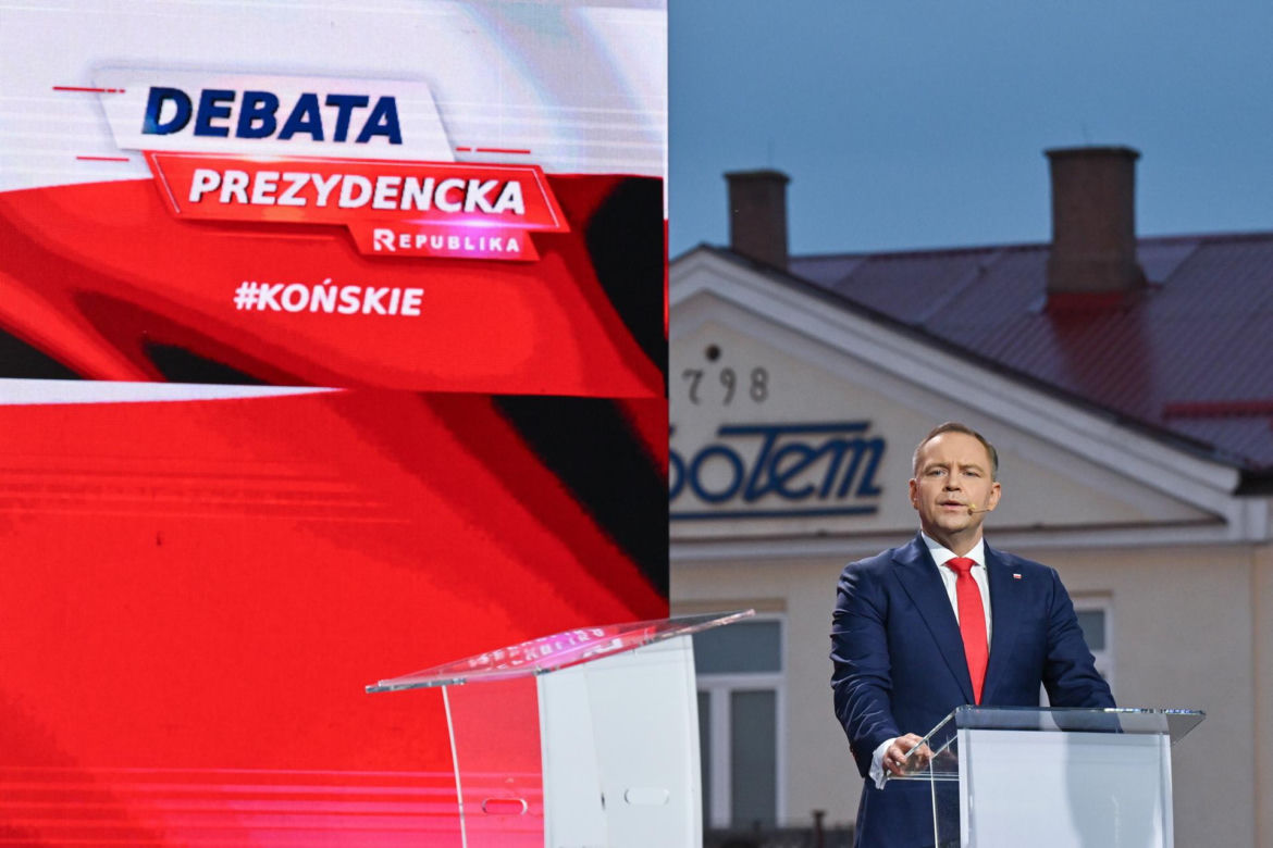 Karol Nawrocki na zorganizowanej przez telewizję Republika debacie przedwyborczej w Końskich