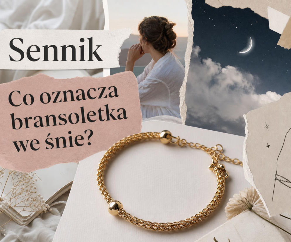 Złota bransoletka na białym tle. Obok grafiki z księżycem i kobietą. O senniku bransoletki przeczytasz na SE.