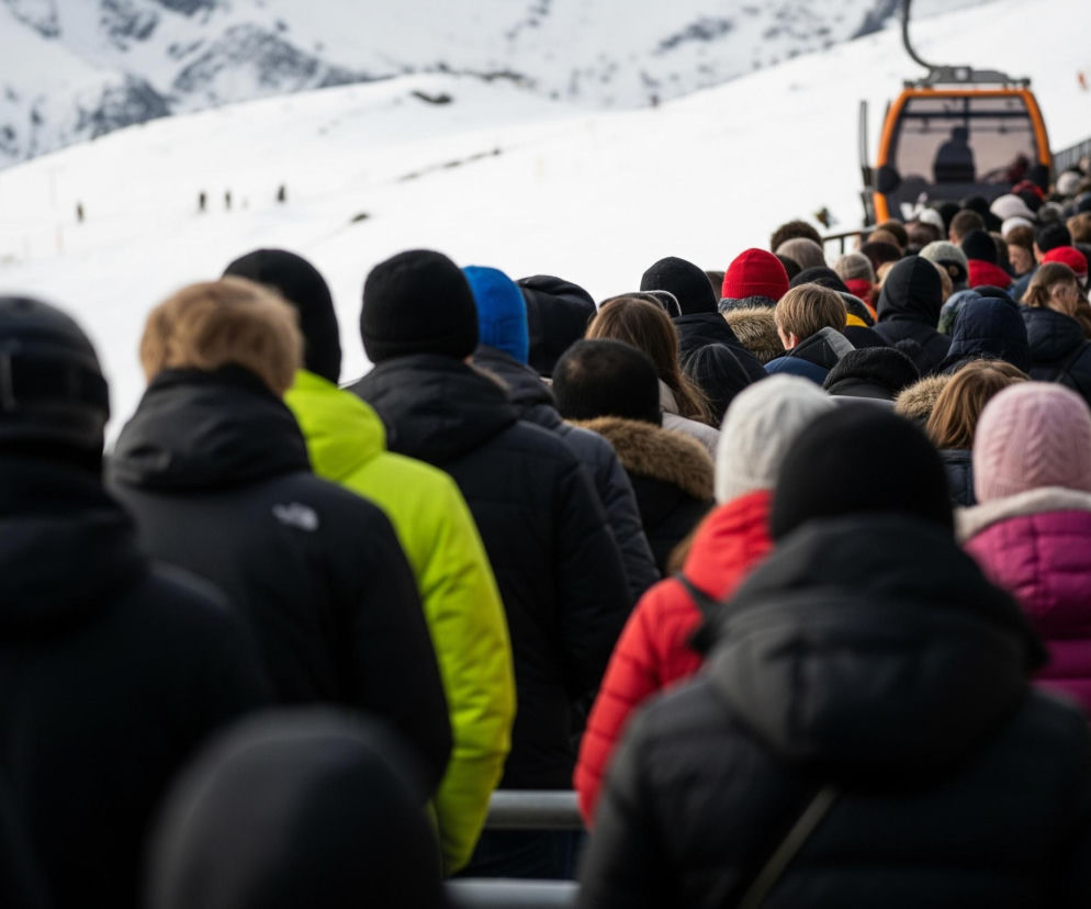 Długa kolejka ludzi w zimowych ubraniach ustawia się na zewnątrz stacji kolejki linowej, czekając na wejście do pomarańczowej gondoli widocznej w oddali. Większość osób ubrana jest w ciemne kurtki i czapki, choć kilka osób wyróżnia się jaskrawożółtą, czerwoną lub różową odzieżą. W tle rozciąga się zaśnieżony krajobraz górski z niewyraźnie widocznymi narciarzami na stokach.