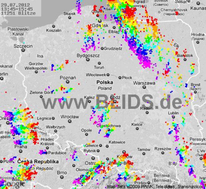 Burze w Polsce, 29.07.2012 - MAPA z godz. 13.45 - 15.45