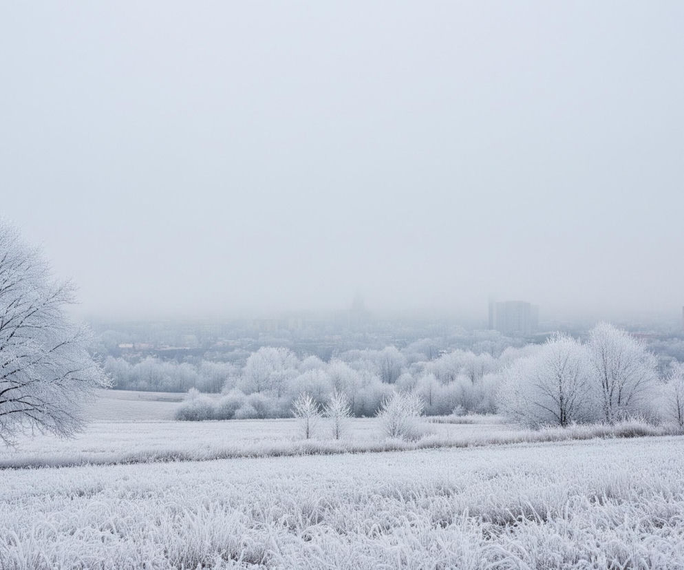Płatki śniegu pokrywają ziemię, tworząc białe pola z wystającymi, pokrytymi szronem roślinami. Po lewej stronie dominuje pojedyncze drzewo o ciemnym pniu i gęstych, białych gałęziach. W tle widoczna jest linia horyzontu z kilkoma wysokimi budynkami, które zlewają się z mglistym, jasnoszarym niebem. W oddali rozciągają się pokryte szronem drzewa i krzewy, które również wtopiły się w zimowy krajobraz.