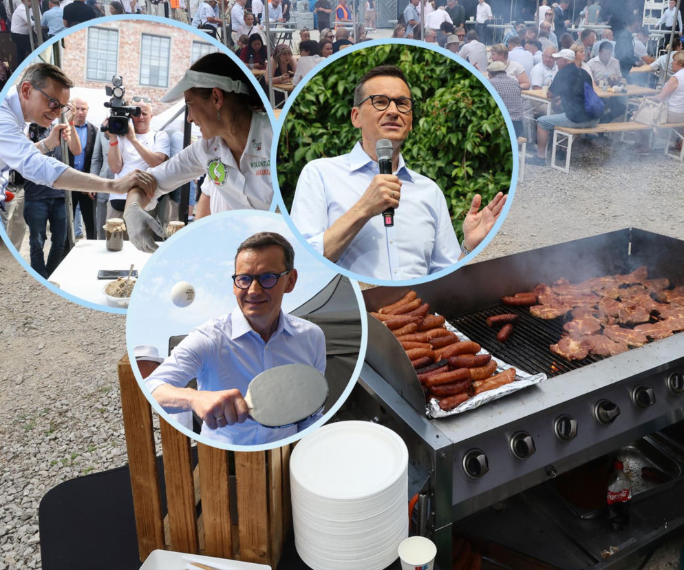 Mateusz Morawiecki przemawia do tłumu na festynie. Na wstawkach polityk gra w ping-ponga i wita się. Relacja na Eska.