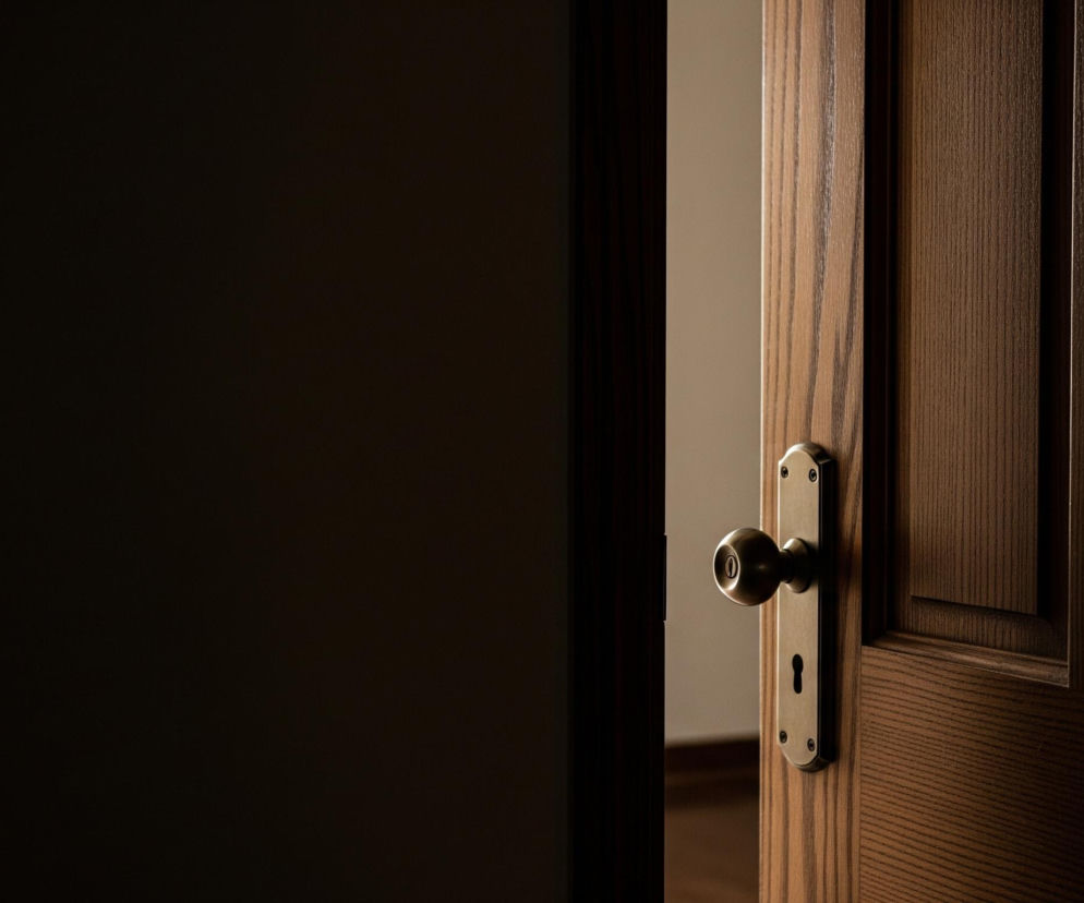 Lekko uchylone, drewniane drzwi z metalową klamką znajdują się po prawej stronie kadru. Drzwi mają jasnobrązowy kolor z wyraźnym usłojeniem, widoczne są na nich frezowane panele oraz prostokątna metalowa płytka z mosiężną, okrągłą klamką i otworem na klucz. Po lewej stronie drzwi rozciąga się ciemna przestrzeń, natomiast za nimi, w wąskim prześwicie, widoczny jest fragment jasnej ściany oraz podłogi, z której dobiega delikatne światło.