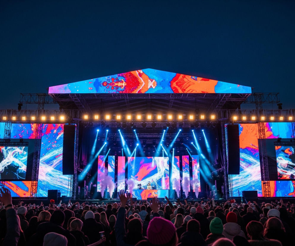 Duża scena koncertowa, oświetlona jaskrawymi, zmiennymi kolorami, dominuje nad tłumem ludzi. Scena składa się z wielu prostokątnych ekranów LED wyświetlających abstrakcyjne wzory w odcieniach pomarańczowego, niebieskiego i fioletowego, a także centralny ekran pokazujący białe, nieregularne linie na ciemnym tle. Nad sceną unosi się duży, poziomy ekran w kształcie trapezu, również wyświetlający barwne wzory. Niebieskie promienie światła reflektorów rozświetlają powietrze ponad sceną, a z jej przodu wydobywają się kłęby białego dymu. Poniżej rozciąga się gęsty tłum widzów, z których wielu ma uniesione ręce, a na głowach widać czapki w różnych kolorach. Całość odbywa się pod ciemnym, granatowym niebem.