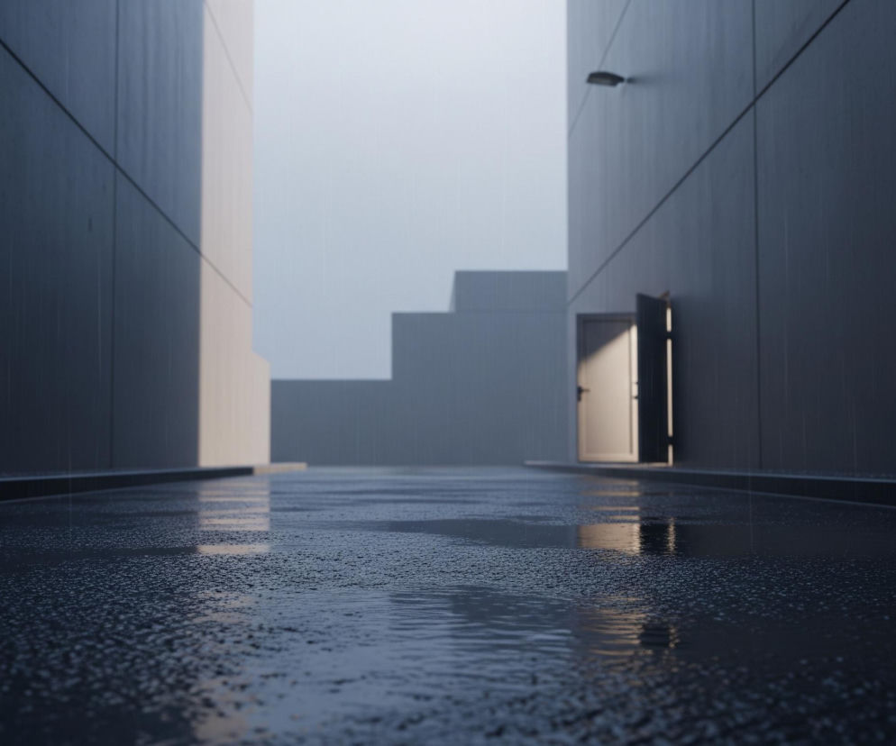 Wąskie przejście między dwoma wysokimi, pionowymi ścianami w szarym odcieniu rozciąga się w głąb obrazu. Po lewej stronie widać fragment jaśniejszej, beżowej ściany, a po prawej lekko uchylone drzwi w tym samym kolorze, z odbiciem światła na ich powierzchni. Podłoga pokryta jest licznymi kroplami wody i kałużami, które odbijają otoczenie i rozpraszają światło. W oddali, na końcu przejścia, widoczne są schody prowadzące w górę, a za nimi jasne, mgliste niebo.