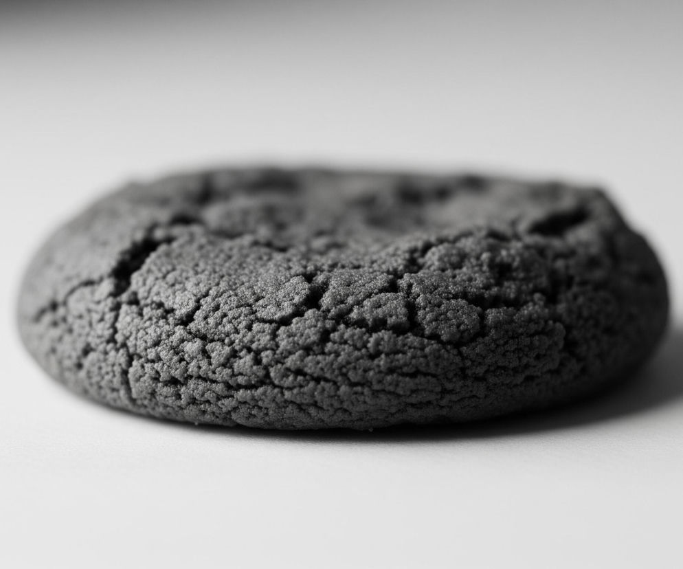 Płaskie, okrągłe ciasteczko o ciemnoszarym kolorze i szorstkiej, popękanej powierzchni leży na jasnej, białej płaszczyźnie. Górna część ciasteczka jest niewyraźna, podczas gdy jego dolna krawędź i tekstura z przodu są wyraźnie ostre. Tło za ciasteczkiem jest jasnoszare i również rozmyte.
