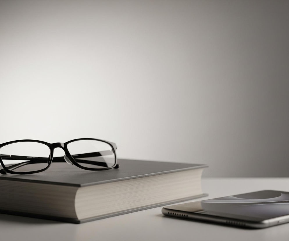 Na pierwszym planie, po lewej stronie, leży gruba książka z szarą okładką i jasnymi stronami. Na jej wierzchu spoczywają czarne oprawki okularów z przezroczystymi szkłami. Po prawej stronie, obok książki, leży smartfon z srebrną ramką i czarnym ekranem, skierowany wyświetlaczem do góry, pod lekkim kątem. Obiekty znajdują się na jednolitej, jasnoszarej powierzchni, a tło jest jaśniejsze po lewej stronie i stopniowo ciemnieje ku prawej.