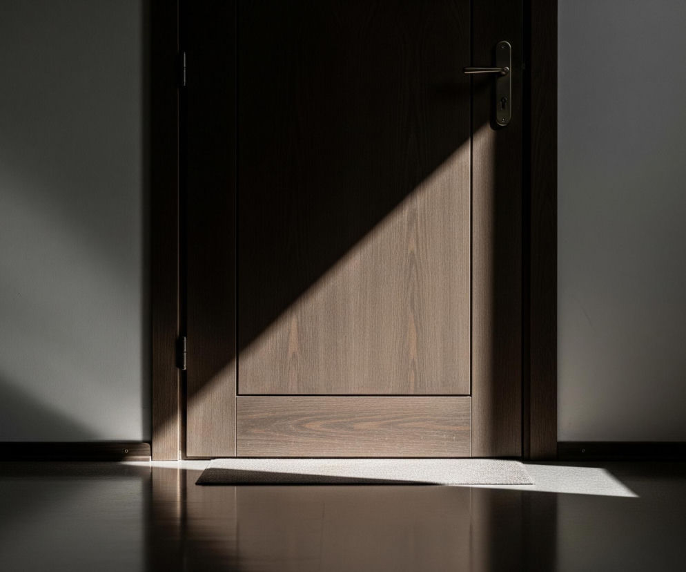 Centralnym punktem jest zamknięte, drewniane skrzydło drzwi w kolorze ciemnego brązu, z jaśniejszym, prostokątnym panelem w dolnej części. Na drzwiach znajduje się metalowa klamka w odcieniu brązu. Na ścianach po obu stronach drzwi oraz na samym skrzydle drzwi widoczne są ukośne pasy jasnego światła słonecznego, kontrastujące z cieniami. Pod drzwiami leży mała, jasnoszara wycieraczka, częściowo oświetlona, a podłoga wykonana jest z ciemnych, błyszczących paneli, odbijających światło.