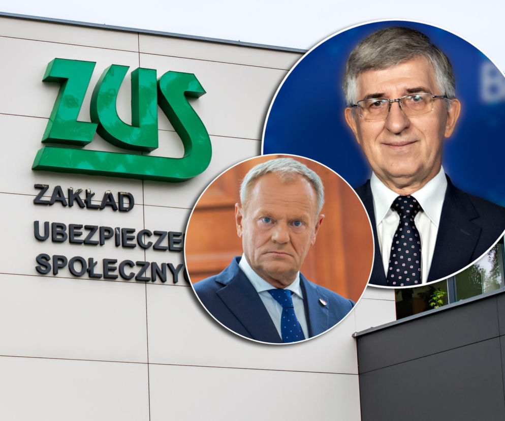 Logo ZUS na budynku, obok w kolażu okrągłe zdjęcia Zbigniewa Derdziuka i Donalda Tuska. Zmiana prezesa ZUS to ważna wiadomość dla emerytów, o której przeczytasz na Super Biznes.