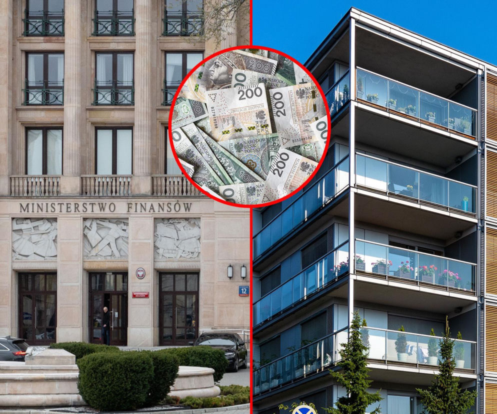 Budynek Ministerstwa Finansów i nowoczesny apartamentowiec z pieniędzmi w kółku symbolizujące nowe podatki od nieruchomości i działalności gospodarczej. Szczegóły o zmianach przeczytasz na portalu Super Biznes.
