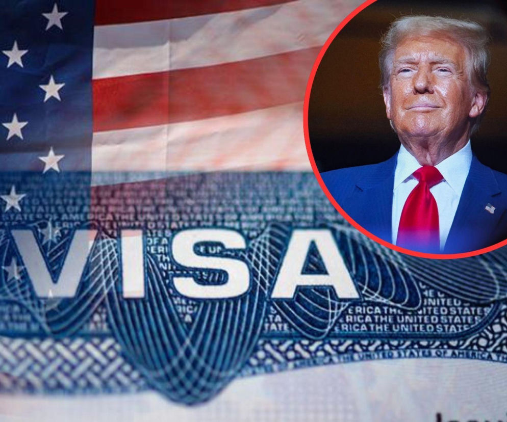 Wiza amerykańska na tle flagi USA. Na miniaturowym zdjęciu Donald Trump. O unieważnieniu 300 tys. wiz przeczytasz na SE USA.