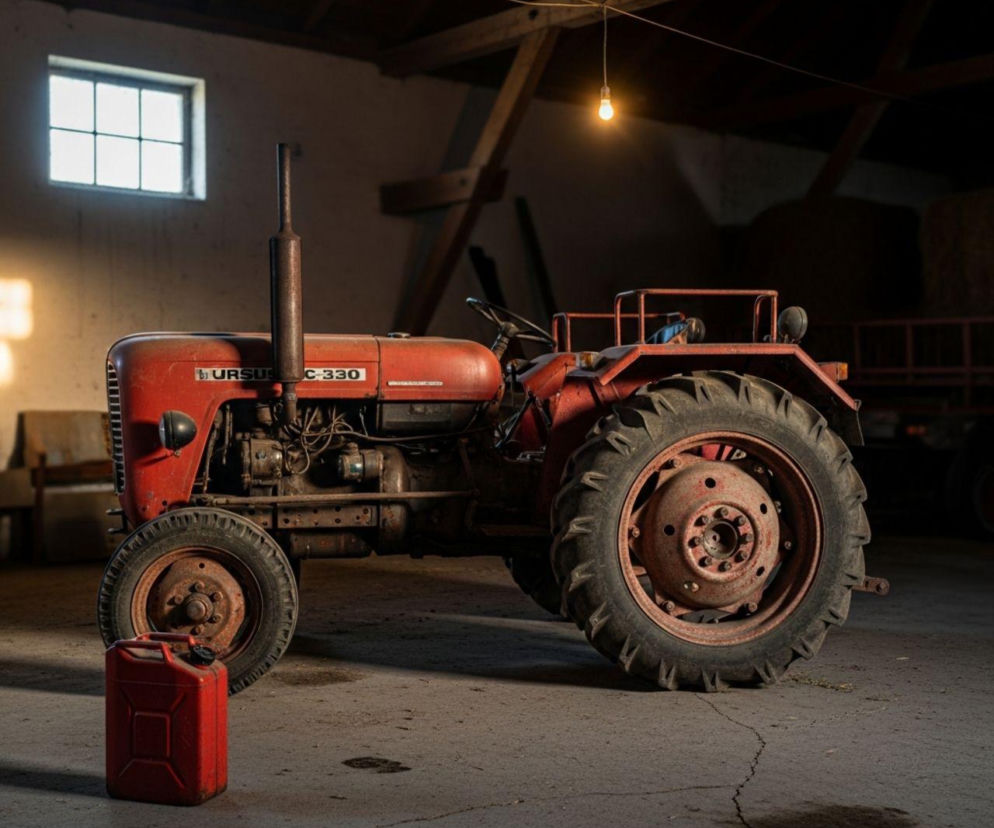 Stary, czerwony traktor Ursus C-330 z kanistrem paliwa obok, stojący w ciemnym garażu lub stodole. Scena symbolizuje wysokie koszty paliwa i prądu dla rolników w 2026 roku, o czym przeczytasz na Super Biznes.