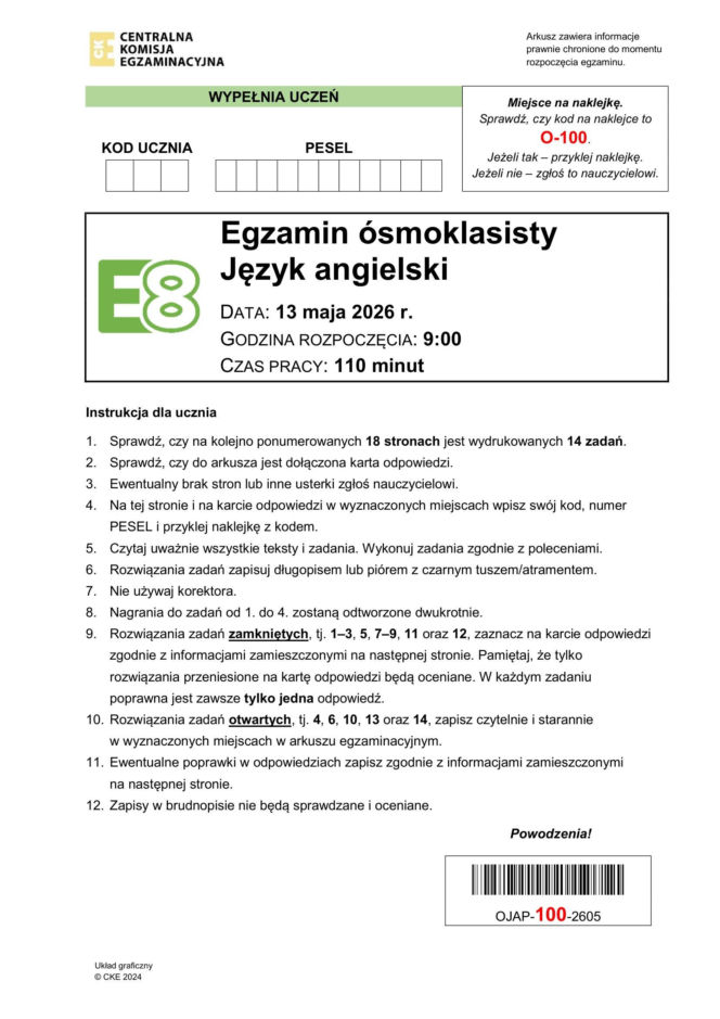 Egzamin ósmoklasisty 2026 angielski: Arkusze CKE i odpowiedzi - sprawdź, czy zdałeś! 13.05.2026