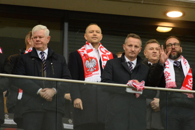 Karol Nawrocki na meczu Polska - Albania