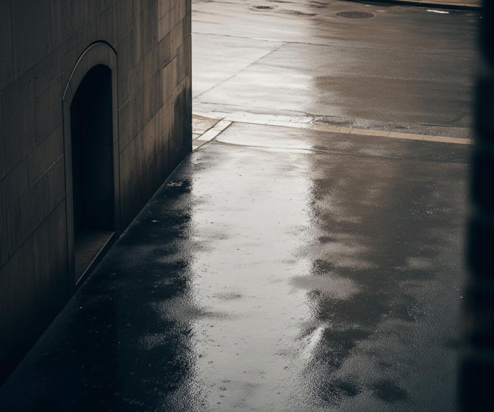 Wilgotny, ciemnoszary chodnik, pokryty kałużami i odbiciami światła, rozciąga się w stronę ulicy. Po lewej stronie wznosi się ściana budynku z ciemnych, prostokątnych płyt, z widocznym łukowym wejściem pogrążonym w cieniu. Po prawej stronie ciemna krawędź dodatkowo kadruje widok. Na mokrej nawierzchni ulicy, w górnej części obrazu, widoczna jest metalowa pokrywa włazu, a także jasna, żółta linia namalowana wzdłuż krawędzi.