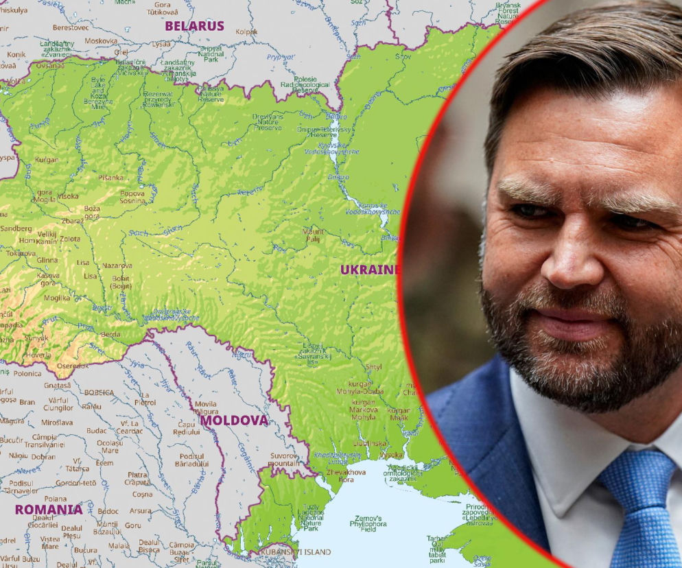 Mapa Ukrainy, obok której w czerwonym kole widnieje J.D. Vance. O relacjach USA z Kijowem czytaj na SE Portal Obronny.