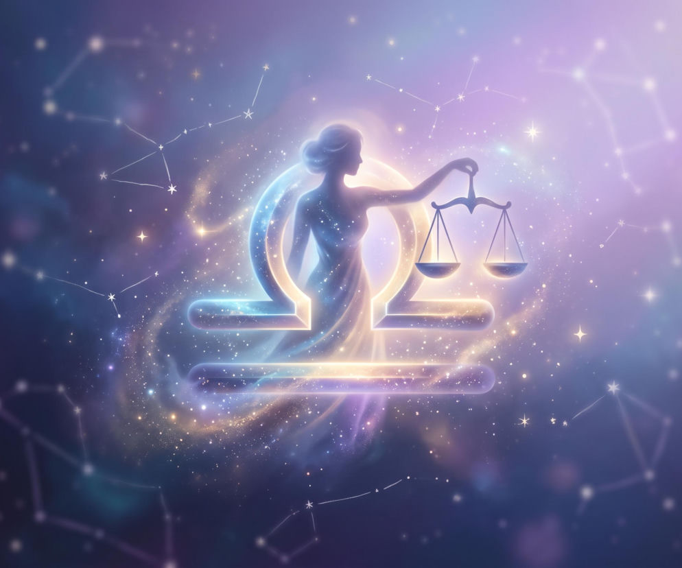 Świecący symbol zodiakalnej Wagi i postać kobiety z wagą na tle kosmosu. O horoskopie dla Wagi przeczytasz w Eska.