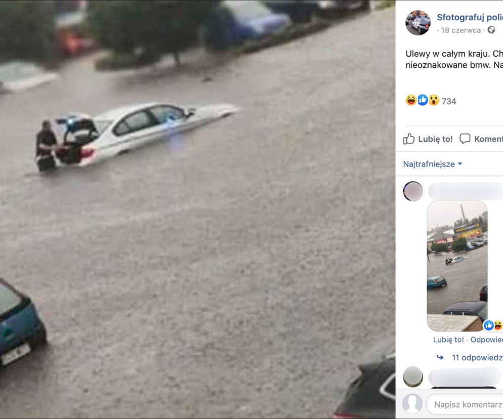 Utopiony radiowóz BMW serii 3 w Zgierzu