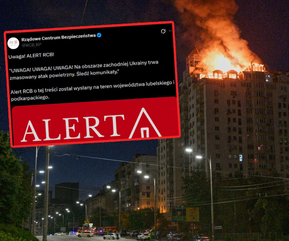 Płonący wieżowiec w nocy. Na miniaturze alert RCB o ataku na Ukrainę. O szczegółach przeczytasz w serwisie Eska.