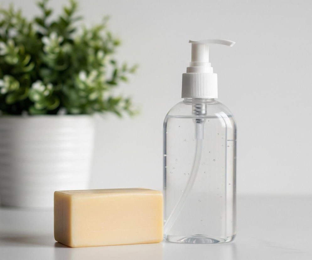 Na pierwszym planie, po prawej stronie, stoi przezroczysta butelka z białym dozownikiem, wypełniona klarownym płynem zawierającym drobne pęcherzyki powietrza. Obok niej, po lewej, leży prostokątna, beżowa kostka mydła. W tle, po lewej stronie, rozmyty zielony krzew z małymi białymi kwiatami znajduje się w białej doniczce na białym tle.