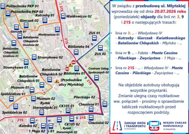 Zmiany w kursowaniu autobusów w Koszalinie. To w związku z przebudową ulicy Młyńskiej