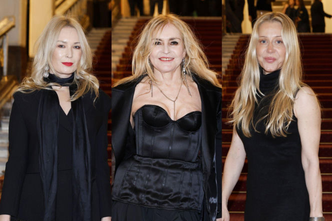 Goście w czerni na premierze w teatrze. Warnke zasłonięta pod samą brodę, za to dekolt Olejnik żyje własnym życiem