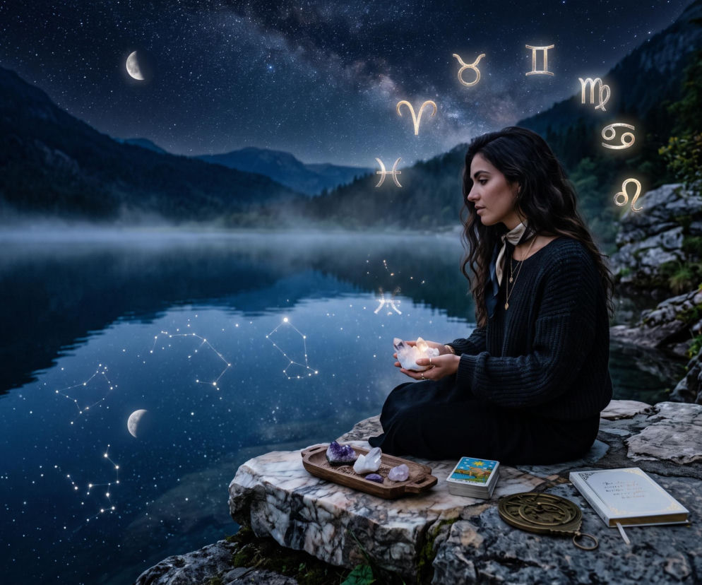 Kobieta medytuje nad brzegiem jeziora pod rozgwieżdżonym niebem z symbolami zodiaku. O horoskopie przeczytasz na SE.