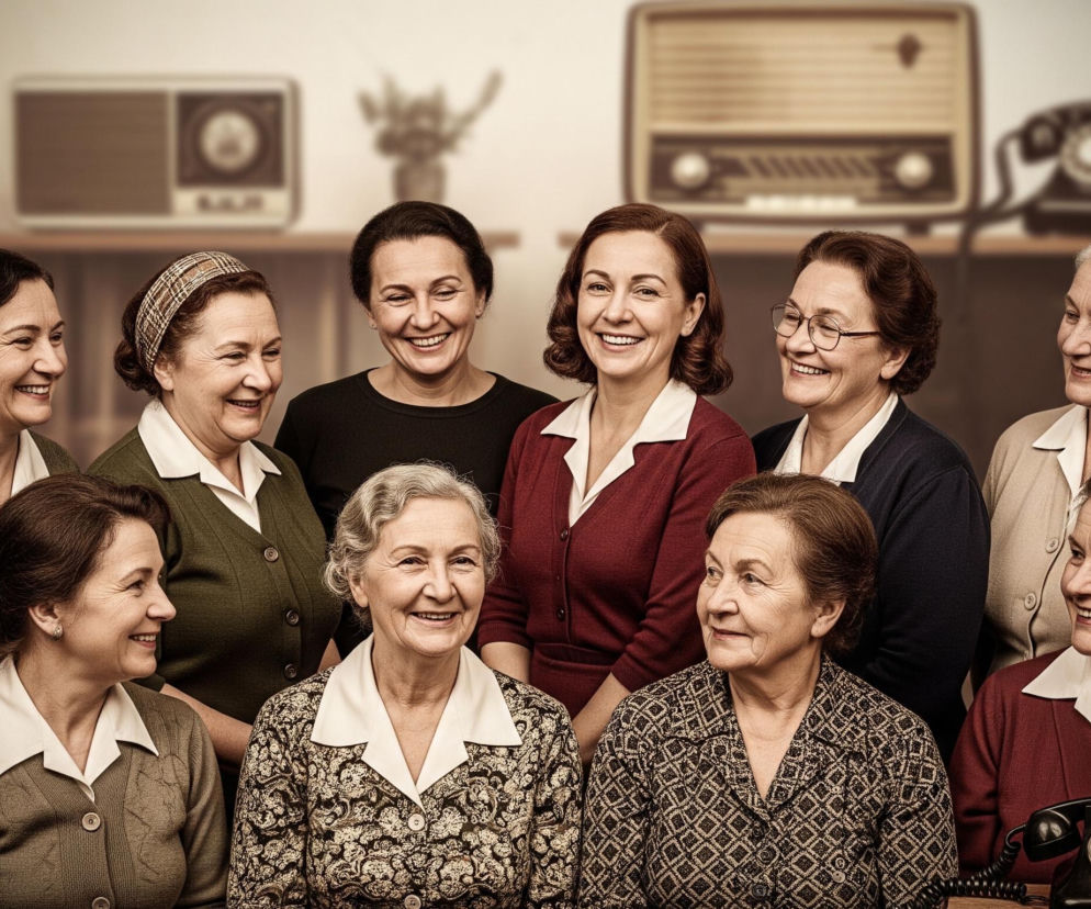 Dziewięć uśmiechniętych kobiet o różnych odcieniach włosów, ubranych w stroje retro, pozuje do zdjęcia. Kobiety w wieku średnim i starszym stoją i siedzą w dwóch rzędach, z tłem przedstawiającym meble i przedmioty z epoki, takie jak zegar, radia i telefon z tarczą. Dominują odcienie brązu, beżu, khaki i bordo, a białe kołnierzyki koszul kontrastują z resztą ubiorów.