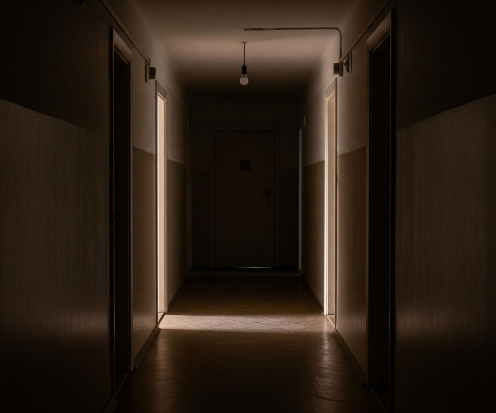 Ciemny korytarz rozciąga się w głąb, z wyraźnym światłem wydobywającym się zza otwartych drzwi po prawej stronie, rzucającym jasny prostokąt na podłogę. Po lewej stronie również widać częściowo otwarte drzwi, a w oddali, na środku, zamknięte drzwi z numerem. Na suficie wisi pojedyncza, świecąca żarówka, a ściany korytarza są dwukolorowe: ciemny brąz na dole i jaśniejszy beż na górze.