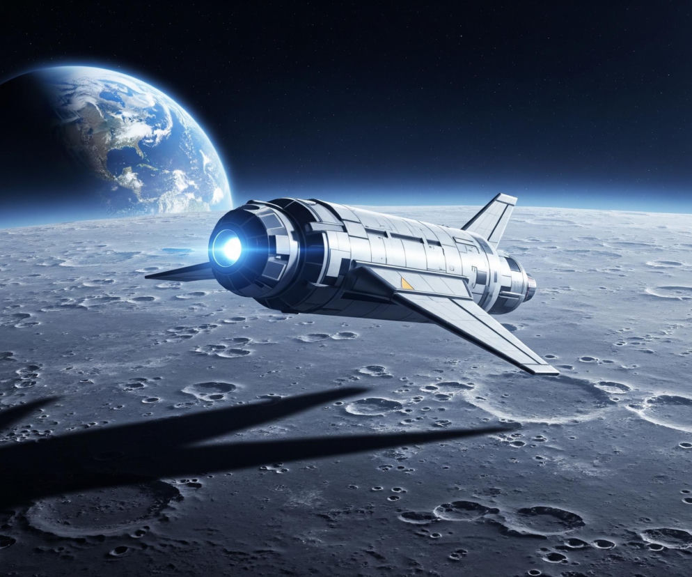 Srebrzysty statek kosmiczny z płonącym, niebieskim silnikiem unosi się nad szarą, kraterową powierzchnią księżycową, rzucając wydłużony, ciemny cień. W tle widać częściowo oświetloną Ziemię, prezentującą oceany i kontynenty, na tle ciemnego kosmosu z rozproszonymi gwiazdami. Horyzont księżycowy tworzy wyraźną linię oddzielającą powierzchnię od czarnej przestrzeni.