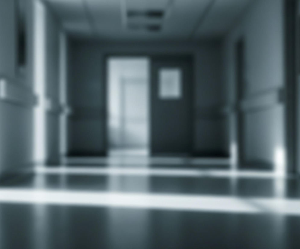 Długi, rozmazany korytarz dominuje obraz, z widocznymi drzwiami na jego końcu, ukazującymi dalszą przestrzeń. Po obu stronach korytarza ciągną się jasne ściany z ciemniejszymi panelami na dole i metalowymi uchwytami, natomiast sufit jest znacznie ciemniejszy niż ściany. Na podłodze odbija się światło, tworząc długie, jasne pasy, szczególnie wyraźne po lewej stronie kadru. Całość utrzymana jest w chłodnej, monochromatycznej tonacji, przechodzącej od jasnych szarości do niemal czarnych odcieni.