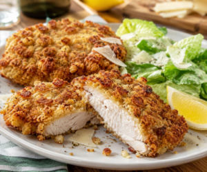 Kotlety z kurczaka à la Cezar. Panierkę robię z grzanek i parmezanu