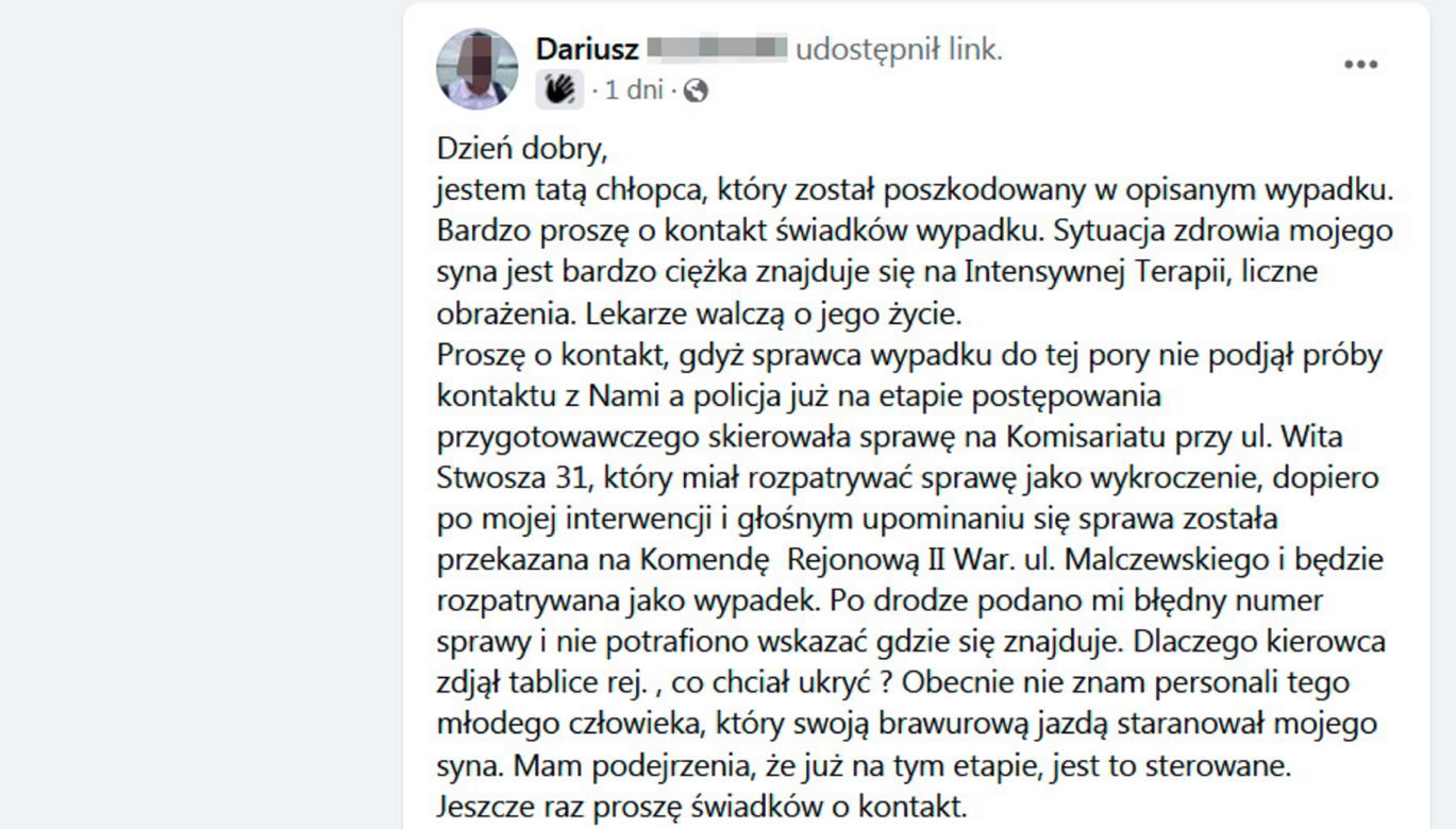Ojciec zrozpaczony po wypadku syna. „Lekarze walczą o jego życie”