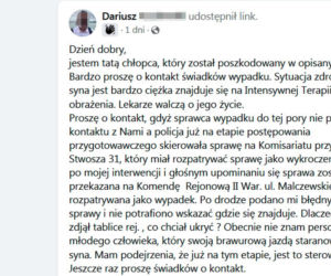 Ojciec zrozpaczony po wypadku syna. „Lekarze walczą o jego życie”