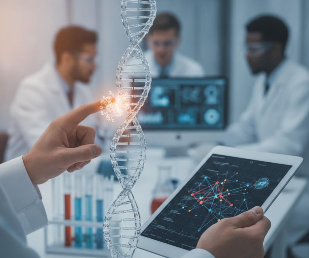 Osoba w kitlu bada model DNA. W tle naukowcy i komputery. O wpływie genów na zdrowie przeczytasz na Poradnik Zdrowie.